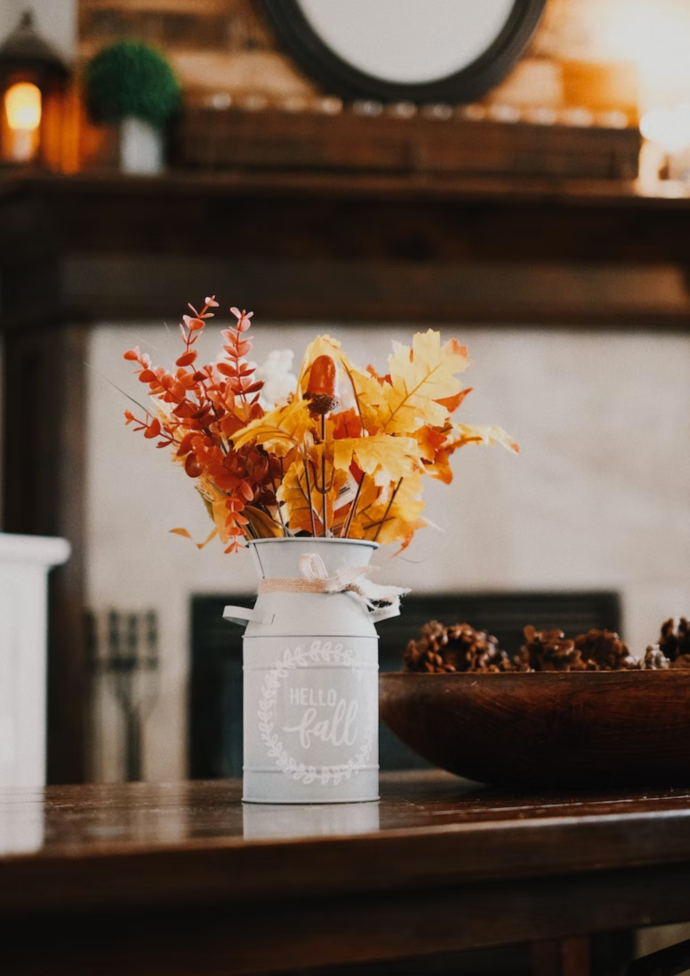 Autumn interior design decor leaves and pine cones